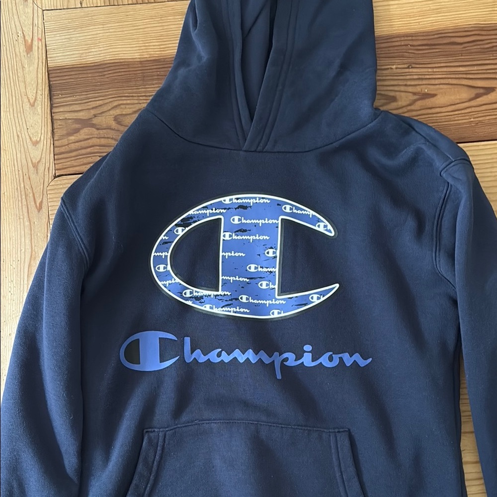 Champion Blue Hoodie Sweatshirt with Camouflage Logo